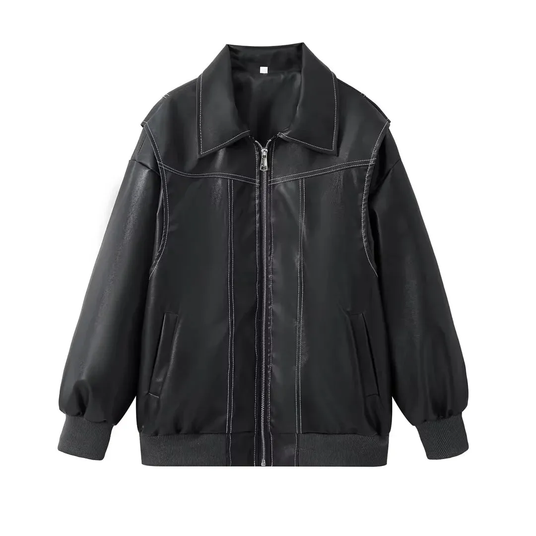 Loose Long Sleeve Zipper Leather Jacket