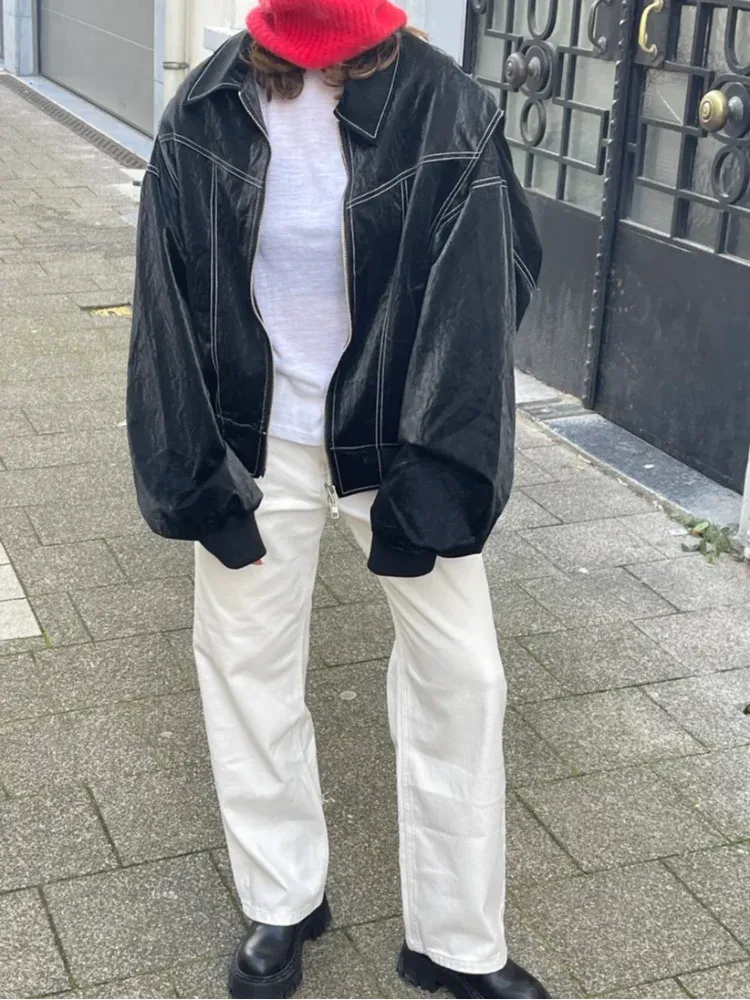 Loose Long Sleeve Zipper Leather Jacket