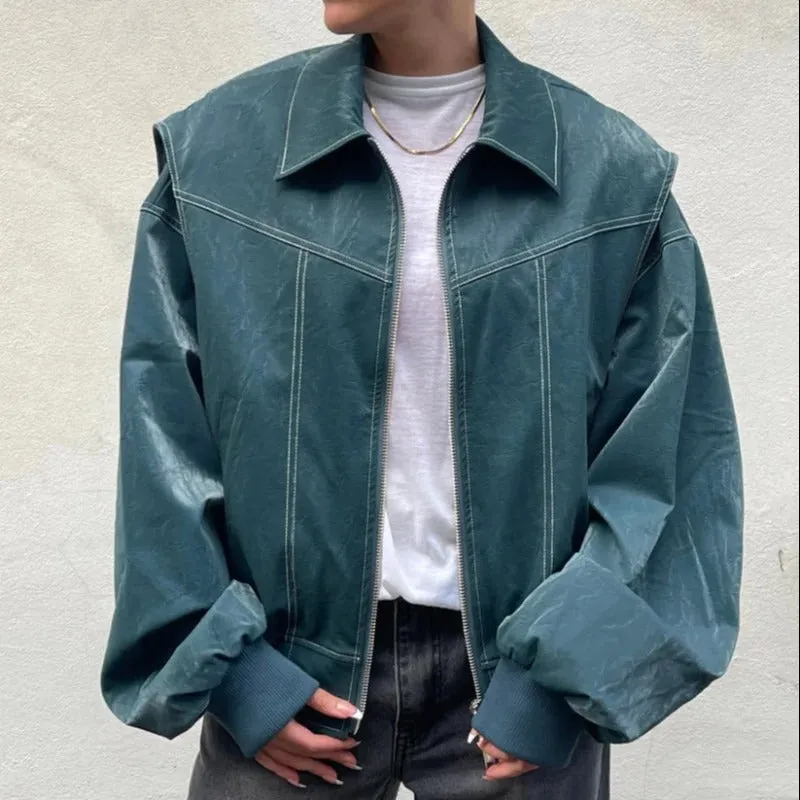 Loose Long Sleeve Zipper Leather Jacket