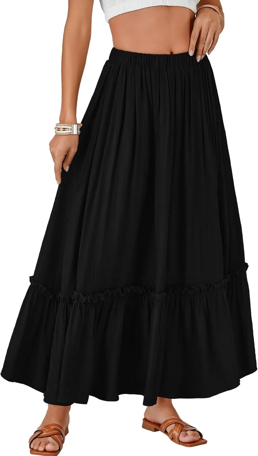 LYANER Women's Maxi Long Skirt High Waist A Line Summer Flowy Ruffle Beach Skirt