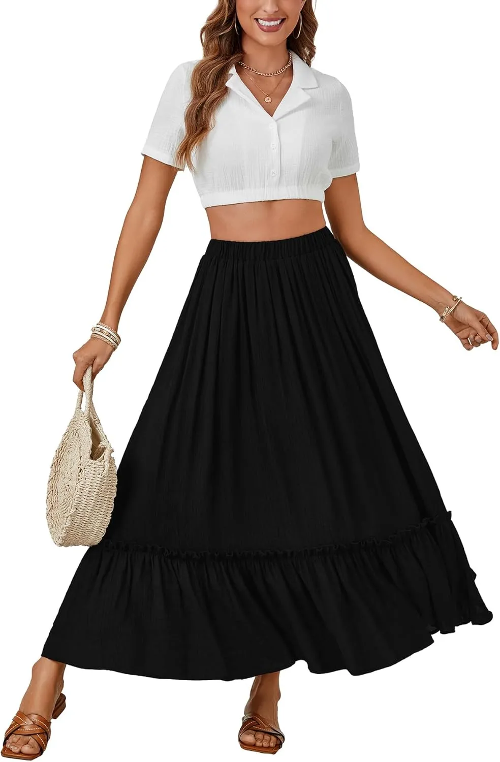 LYANER Women's Maxi Long Skirt High Waist A Line Summer Flowy Ruffle Beach Skirt