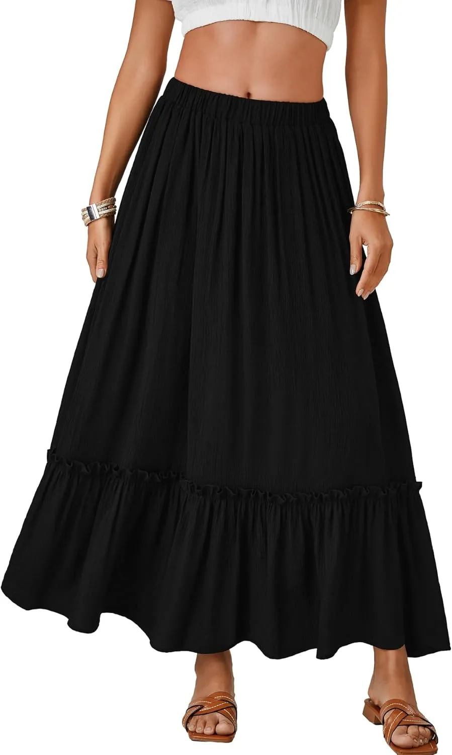 LYANER Women's Maxi Long Skirt High Waist A Line Summer Flowy Ruffle Beach Skirt