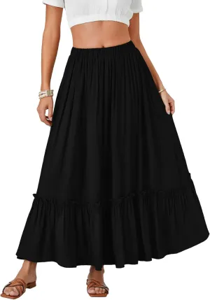 LYANER Women's Maxi Long Skirt High Waist A Line Summer Flowy Ruffle Beach Skirt