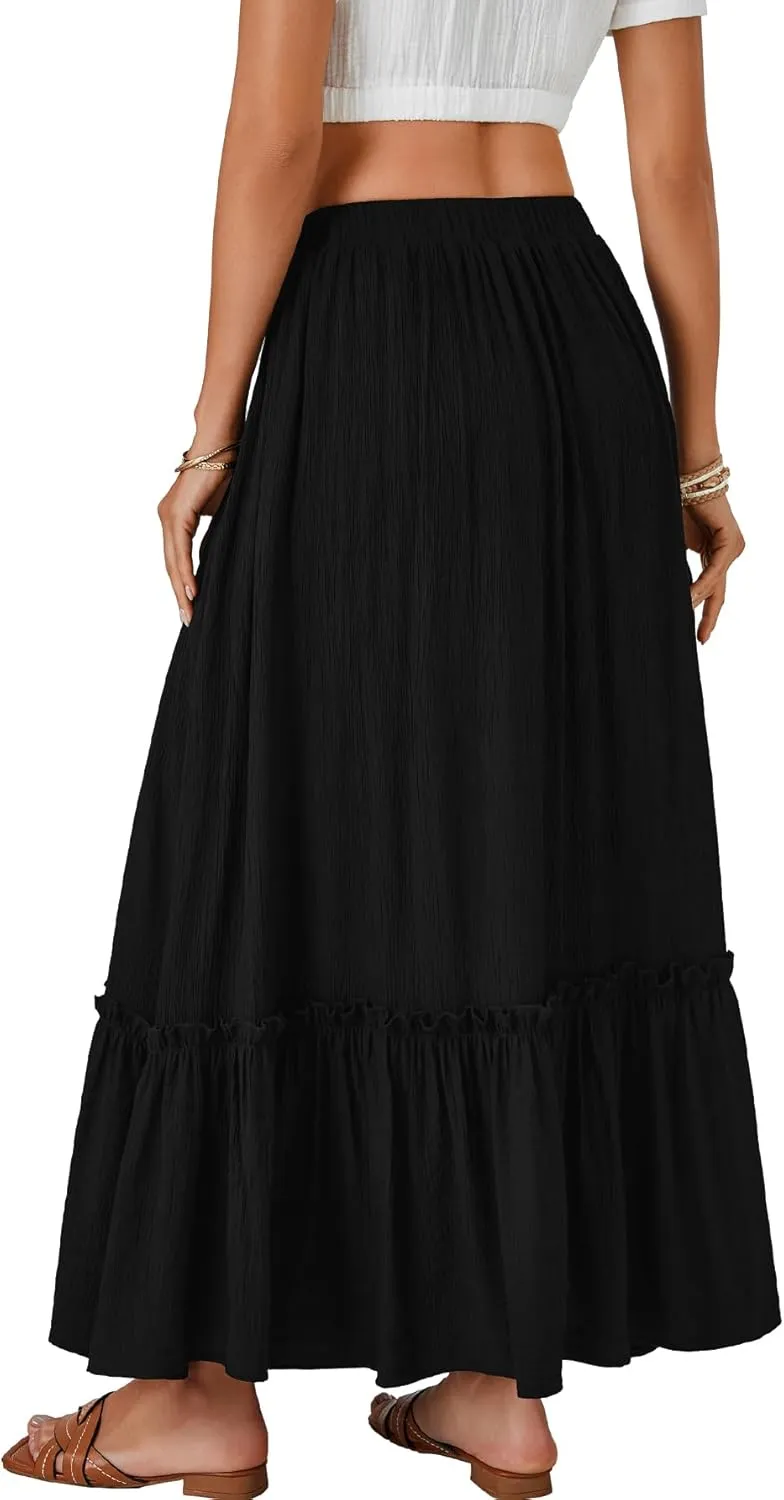 LYANER Women's Maxi Long Skirt High Waist A Line Summer Flowy Ruffle Beach Skirt