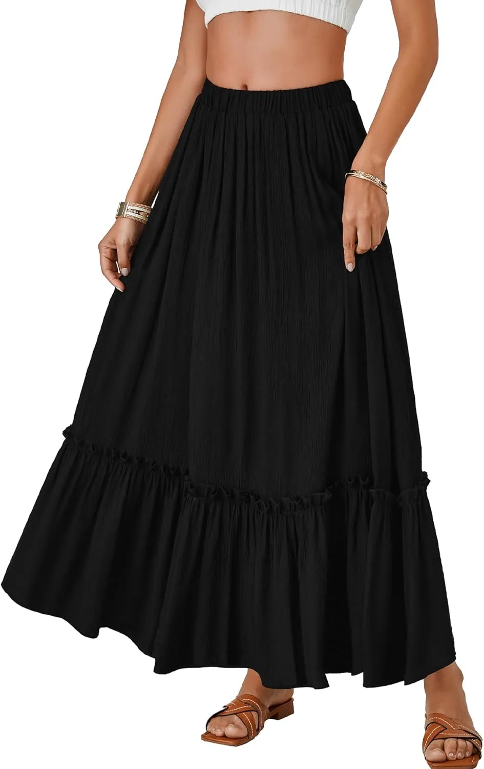 LYANER Women's Maxi Long Skirt High Waist A Line Summer Flowy Ruffle Beach Skirt