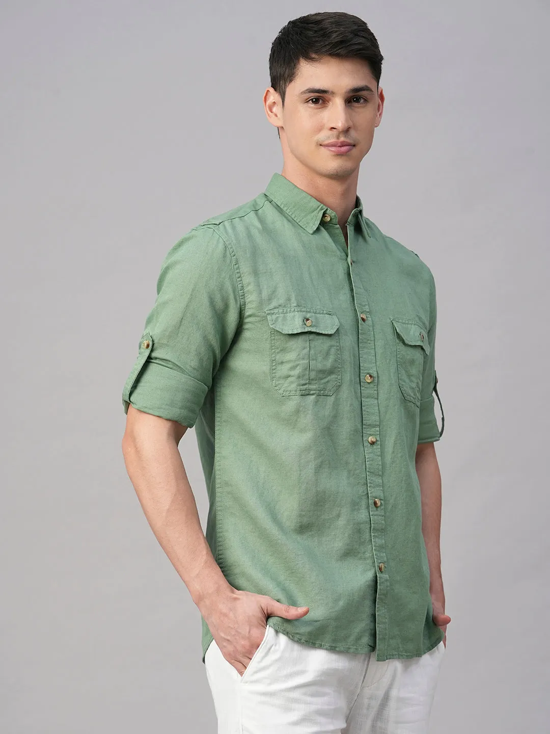 Men's Green Linen Cotton Regular Fit Shirt