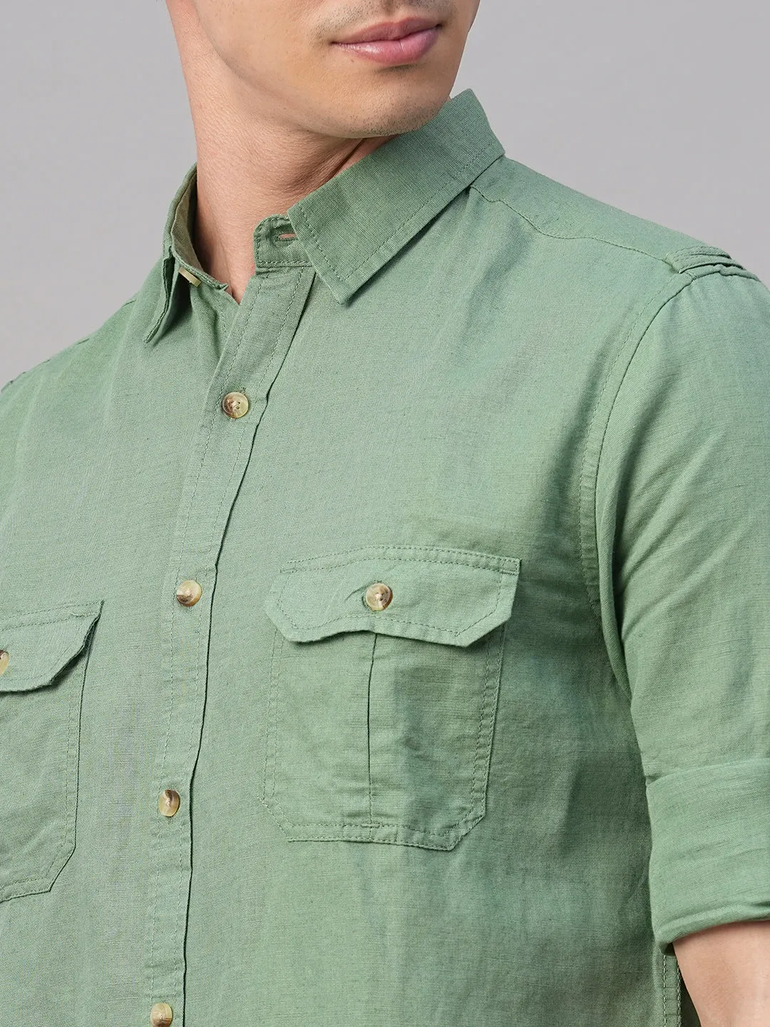 Men's Green Linen Cotton Regular Fit Shirt