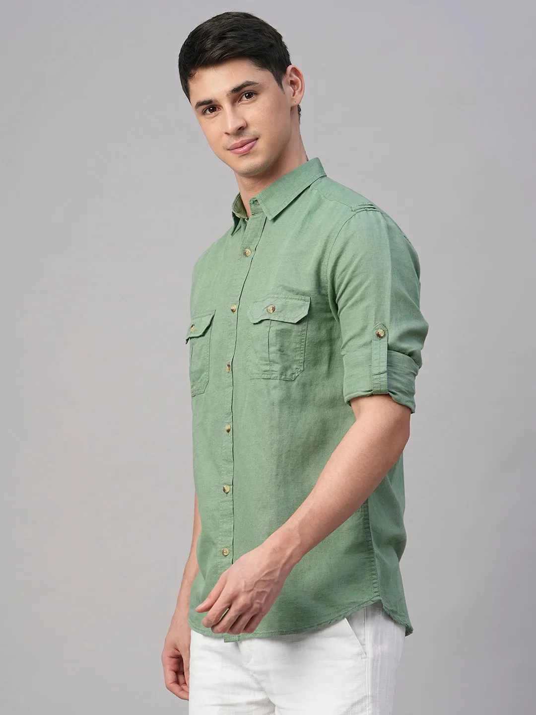 Men's Green Linen Cotton Regular Fit Shirt