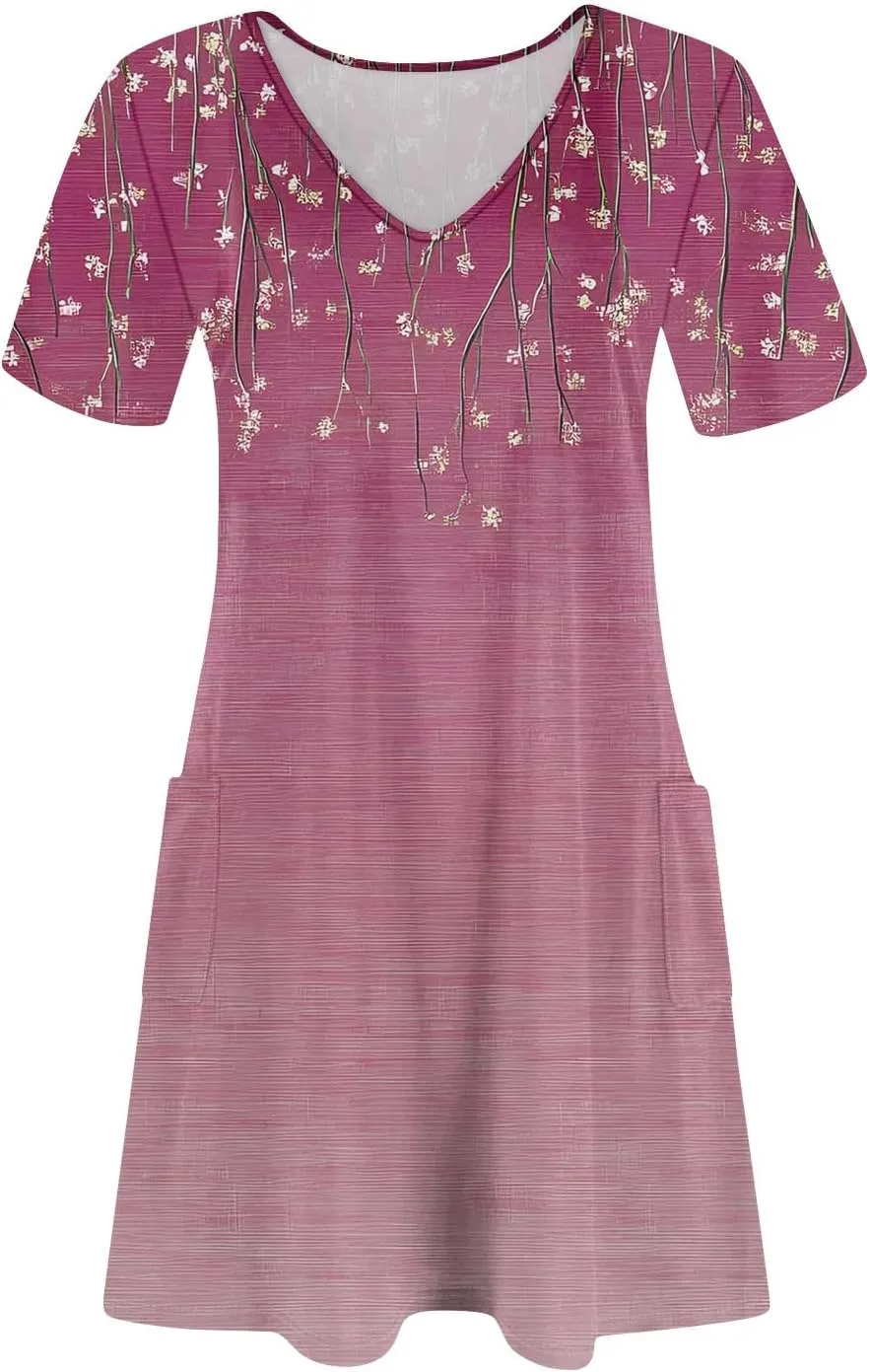 Mini Dresses for Women Floral V Neck Short Sleeve Summer Dress with Pockets Casual Athletic Beach Boho Sundress
