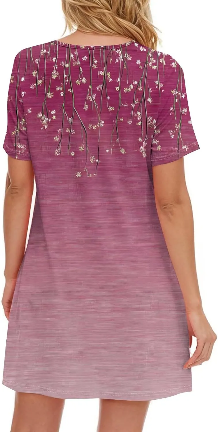 Mini Dresses for Women Floral V Neck Short Sleeve Summer Dress with Pockets Casual Athletic Beach Boho Sundress