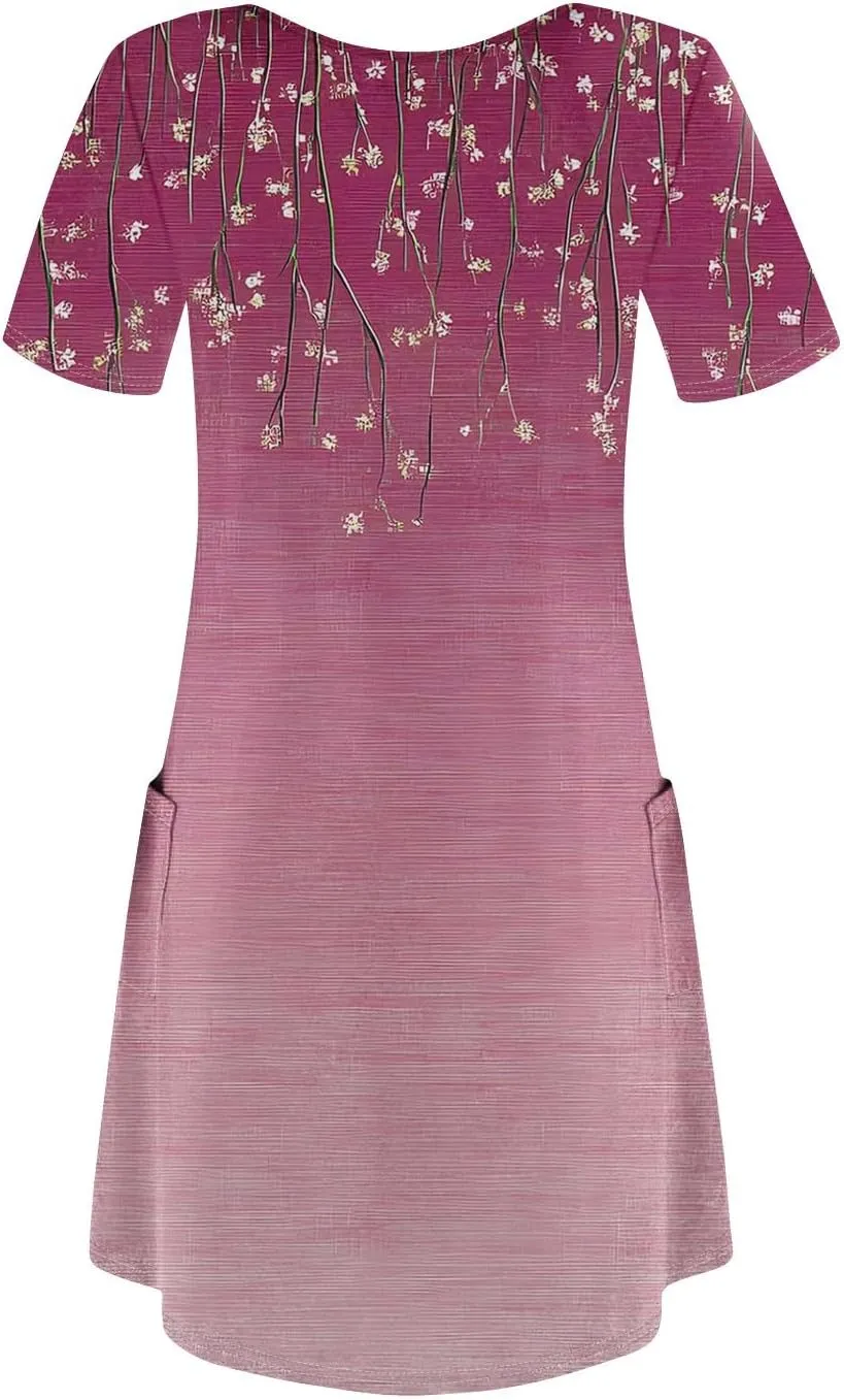 Mini Dresses for Women Floral V Neck Short Sleeve Summer Dress with Pockets Casual Athletic Beach Boho Sundress