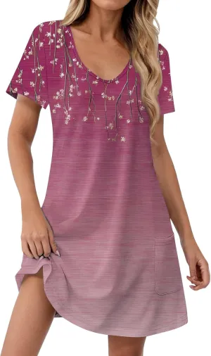 Mini Dresses for Women Floral V Neck Short Sleeve Summer Dress with Pockets Casual Athletic Beach Boho Sundress