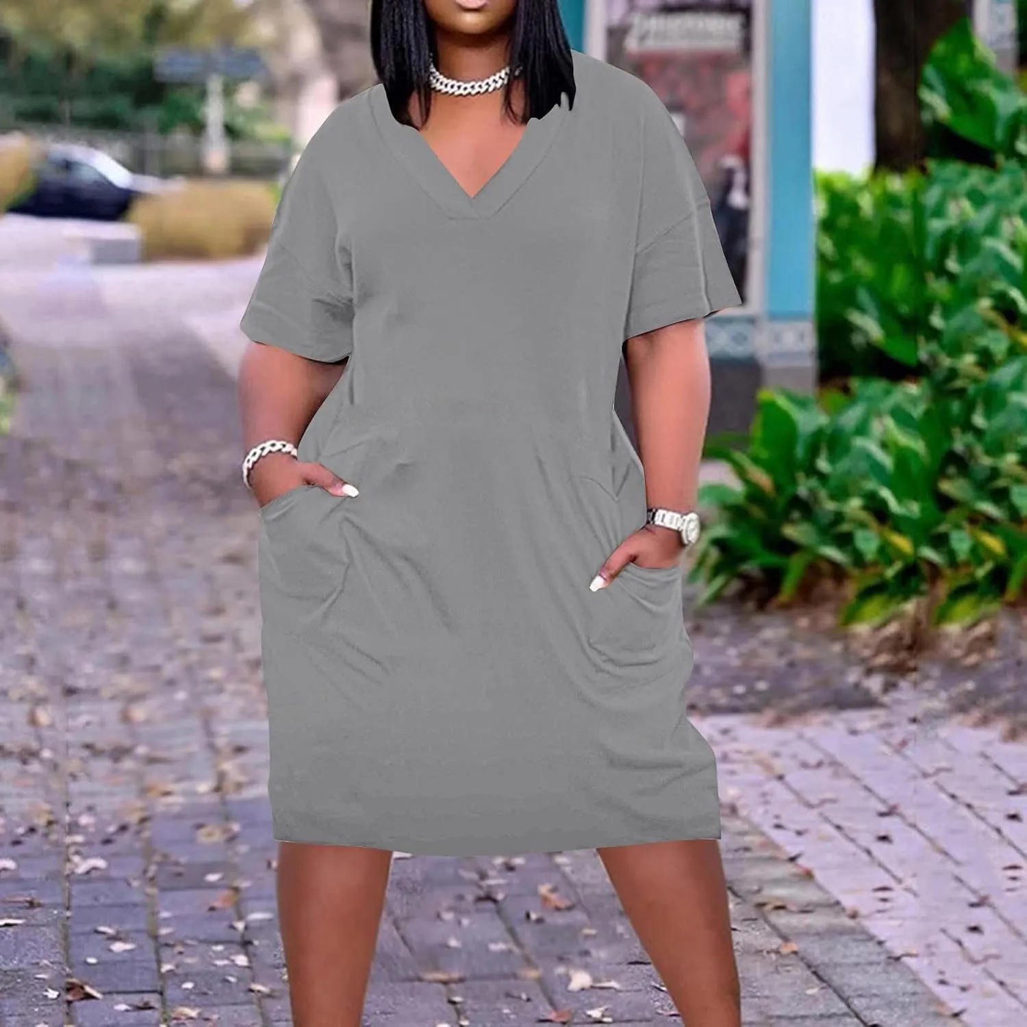 Plus Size V Neck Midi Dresses for Women Baggy V Neck T-Shirt Dress Solid Loose Fitting Sundress with Pokets