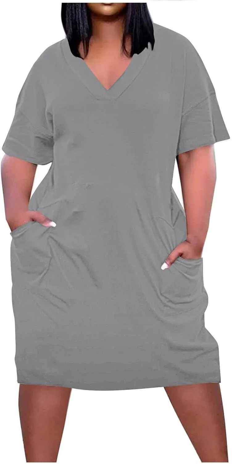 Plus Size V Neck Midi Dresses for Women Baggy V Neck T-Shirt Dress Solid Loose Fitting Sundress with Pokets