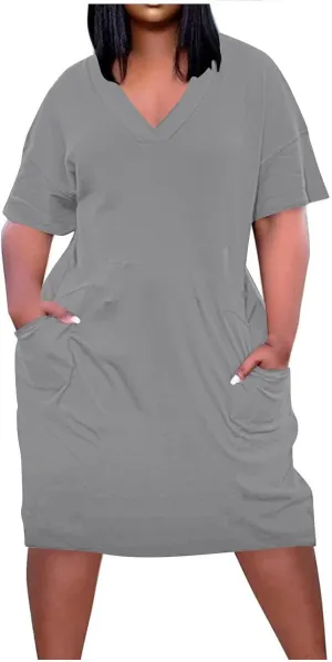Plus Size V Neck Midi Dresses for Women Baggy V Neck T-Shirt Dress Solid Loose Fitting Sundress with Pokets