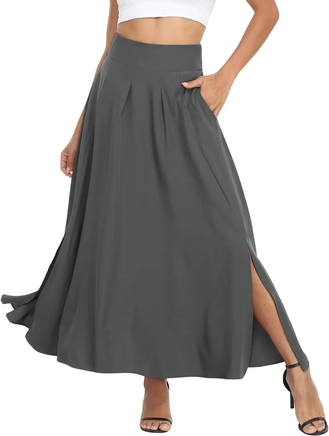 RANPHEE Women's Ankle Length High Waist A-line Flowy Long Maxi Skirt with Pockets