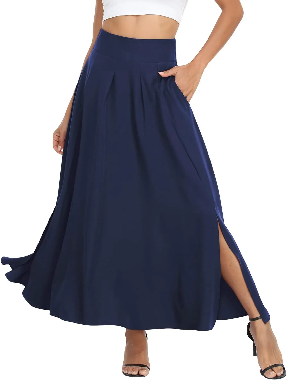 RANPHEE Women's Ankle Length High Waist A-line Flowy Long Maxi Skirt with Pockets