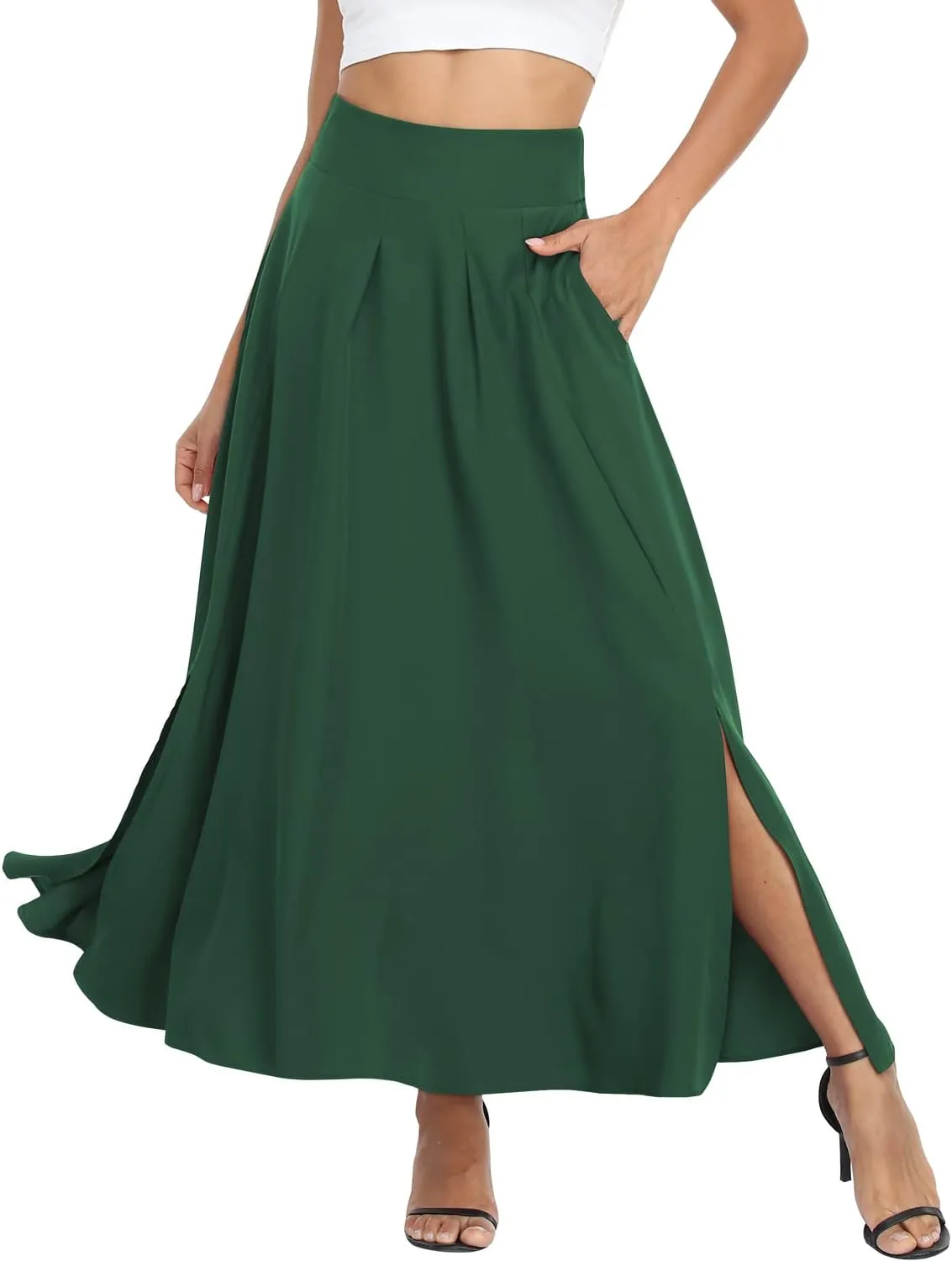 RANPHEE Women's Ankle Length High Waist A-line Flowy Long Maxi Skirt with Pockets
