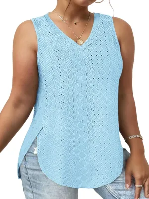 ROSRISS Plus-Size-Tank-Tops for Women Summer Casual Shirts Sleeveless V Neck Shirts Eyelet Side Split Tunics XL-5XL