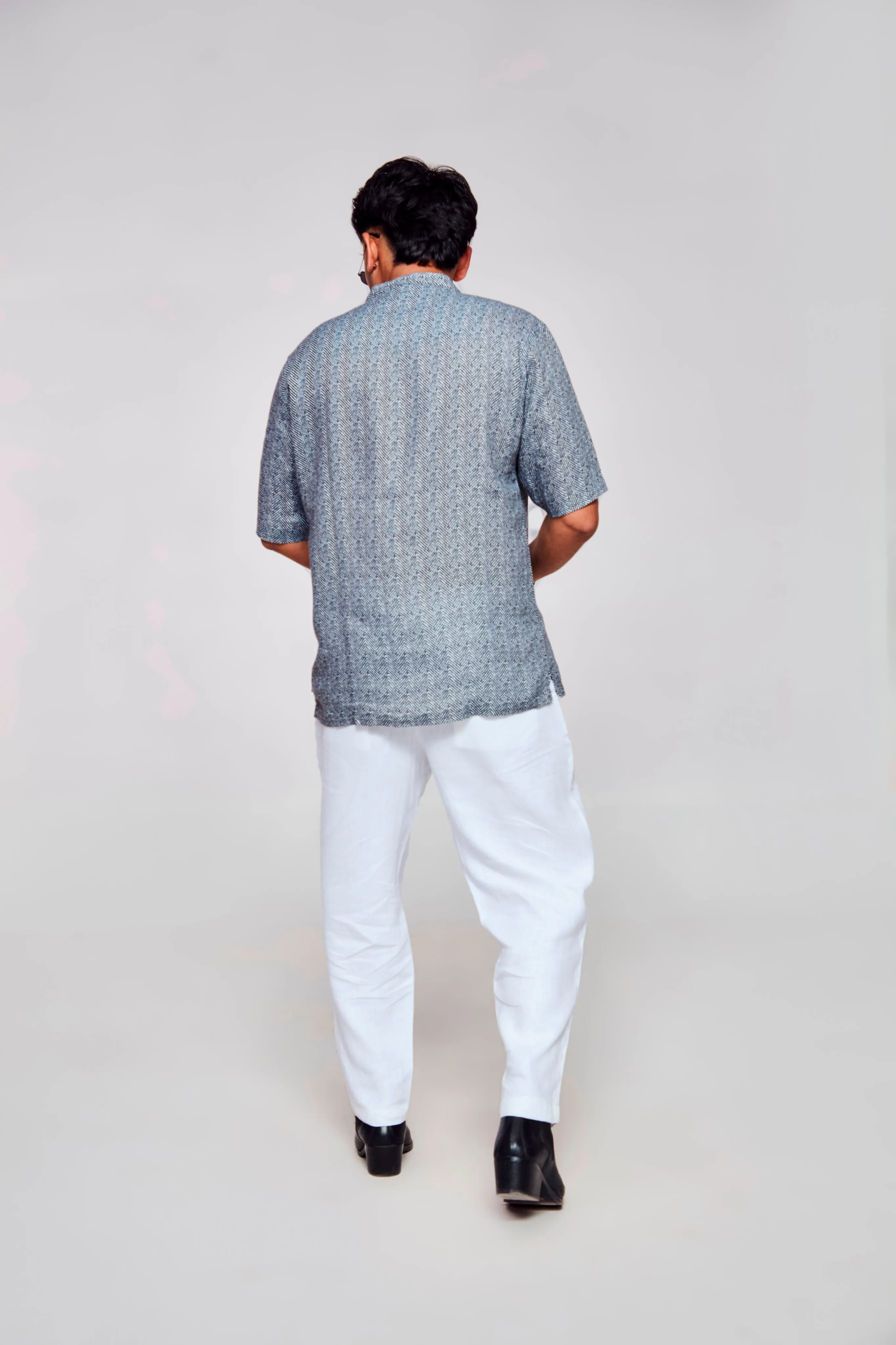 Serenity in Simplicity Printed The Minimalist Grey and White Pure Linen Short Sleeve Shirt