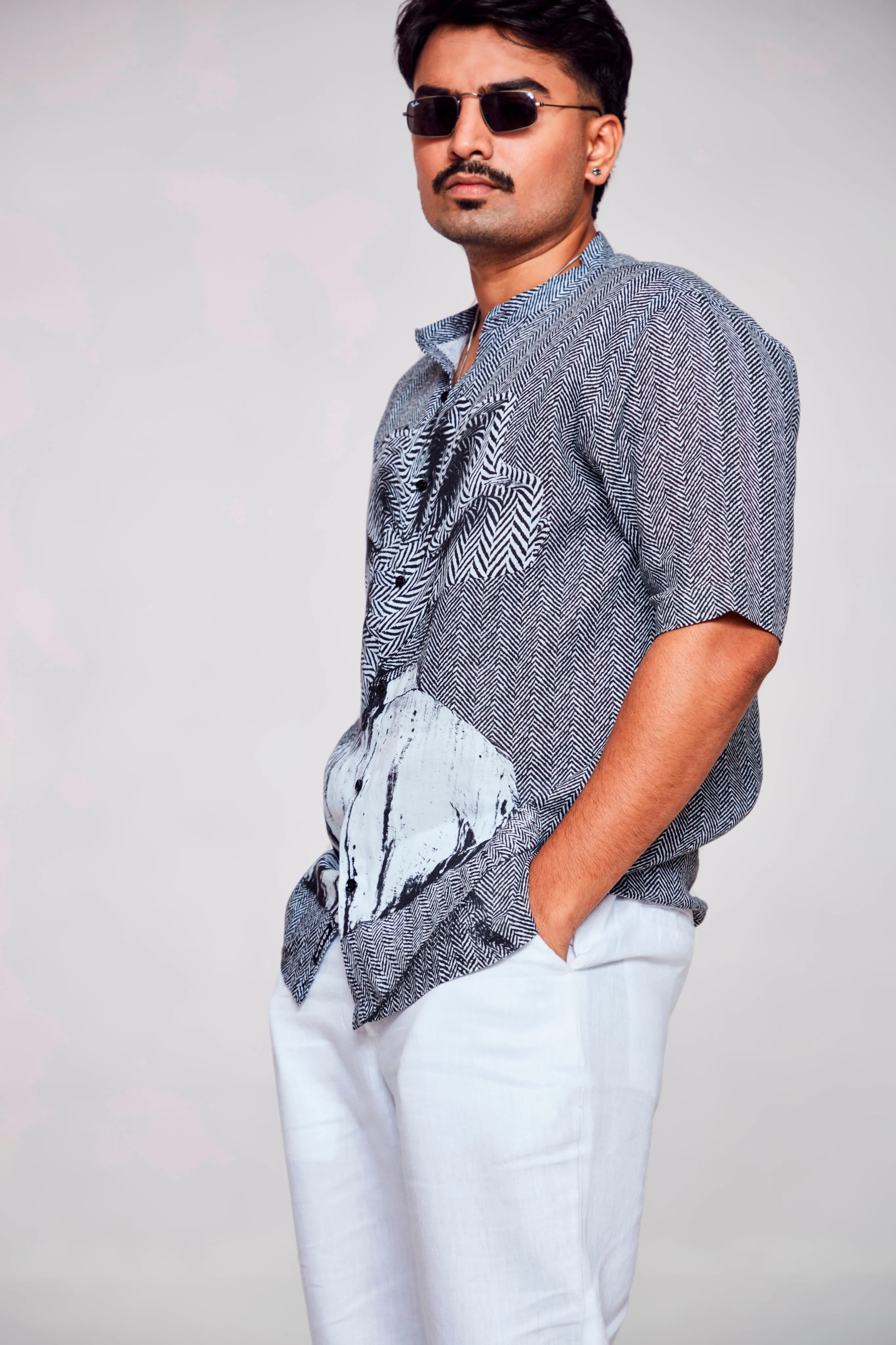 Serenity in Simplicity Printed The Minimalist Grey and White Pure Linen Short Sleeve Shirt