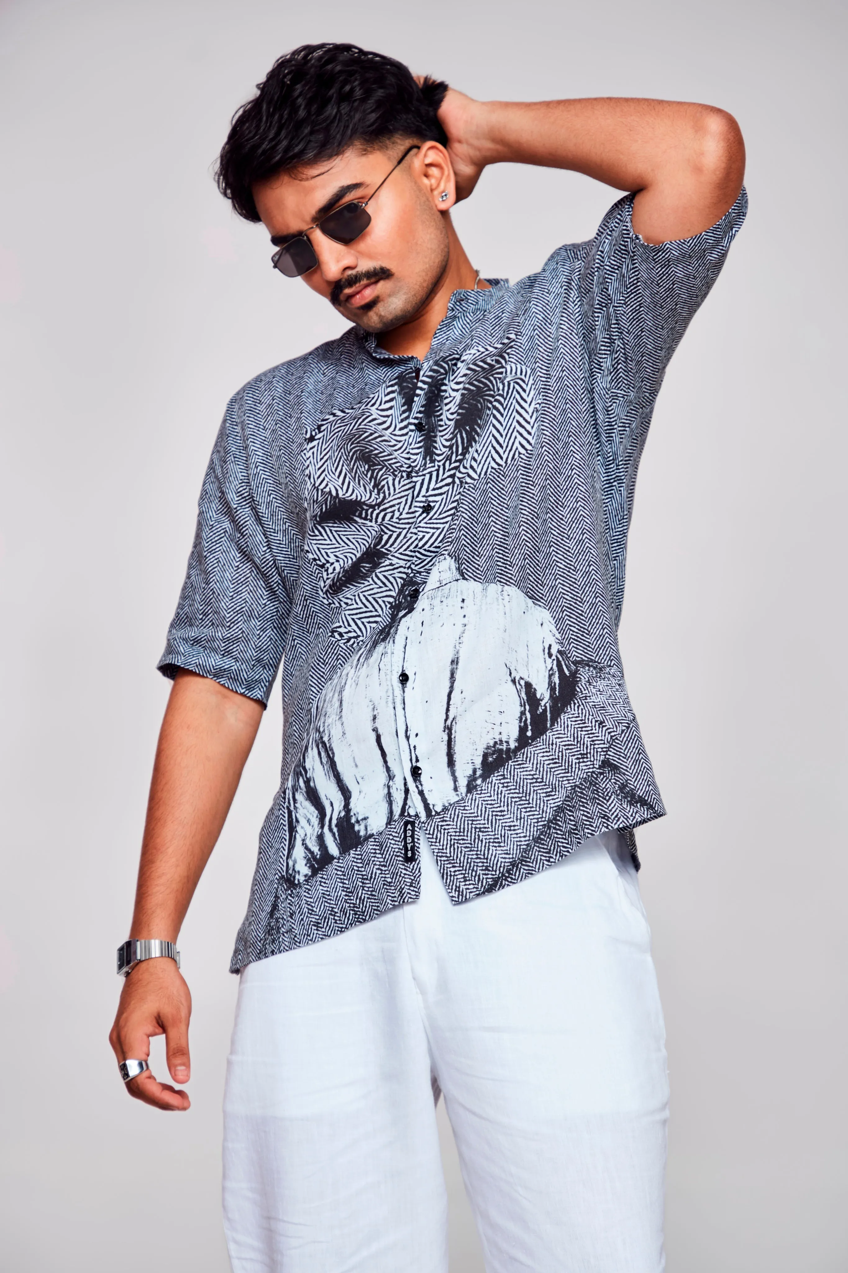 Serenity in Simplicity Printed The Minimalist Grey and White Pure Linen Short Sleeve Shirt