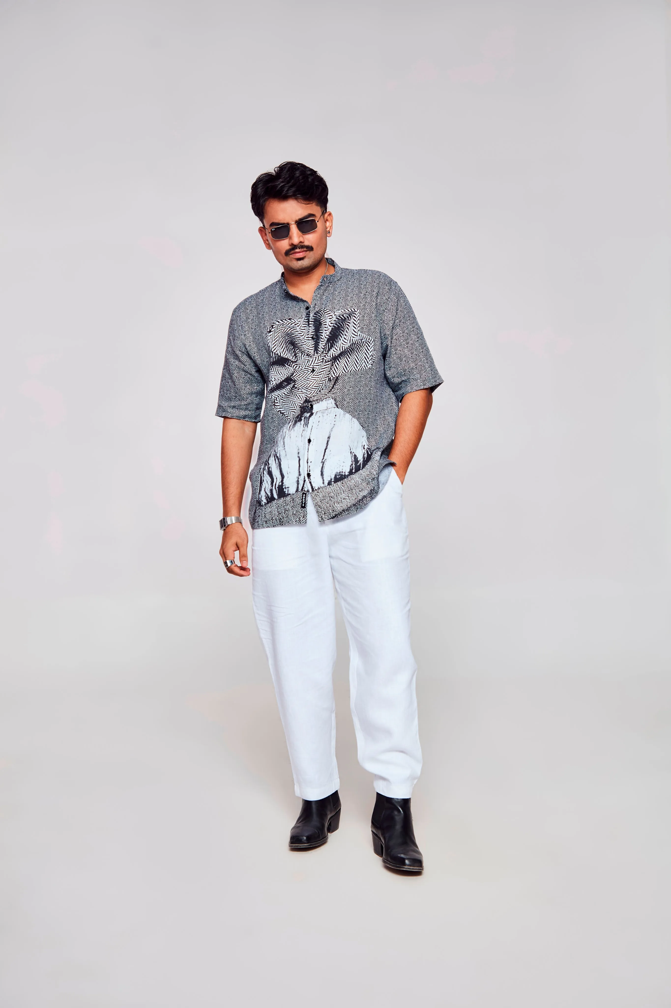 Serenity in Simplicity Printed The Minimalist Grey and White Pure Linen Short Sleeve Shirt