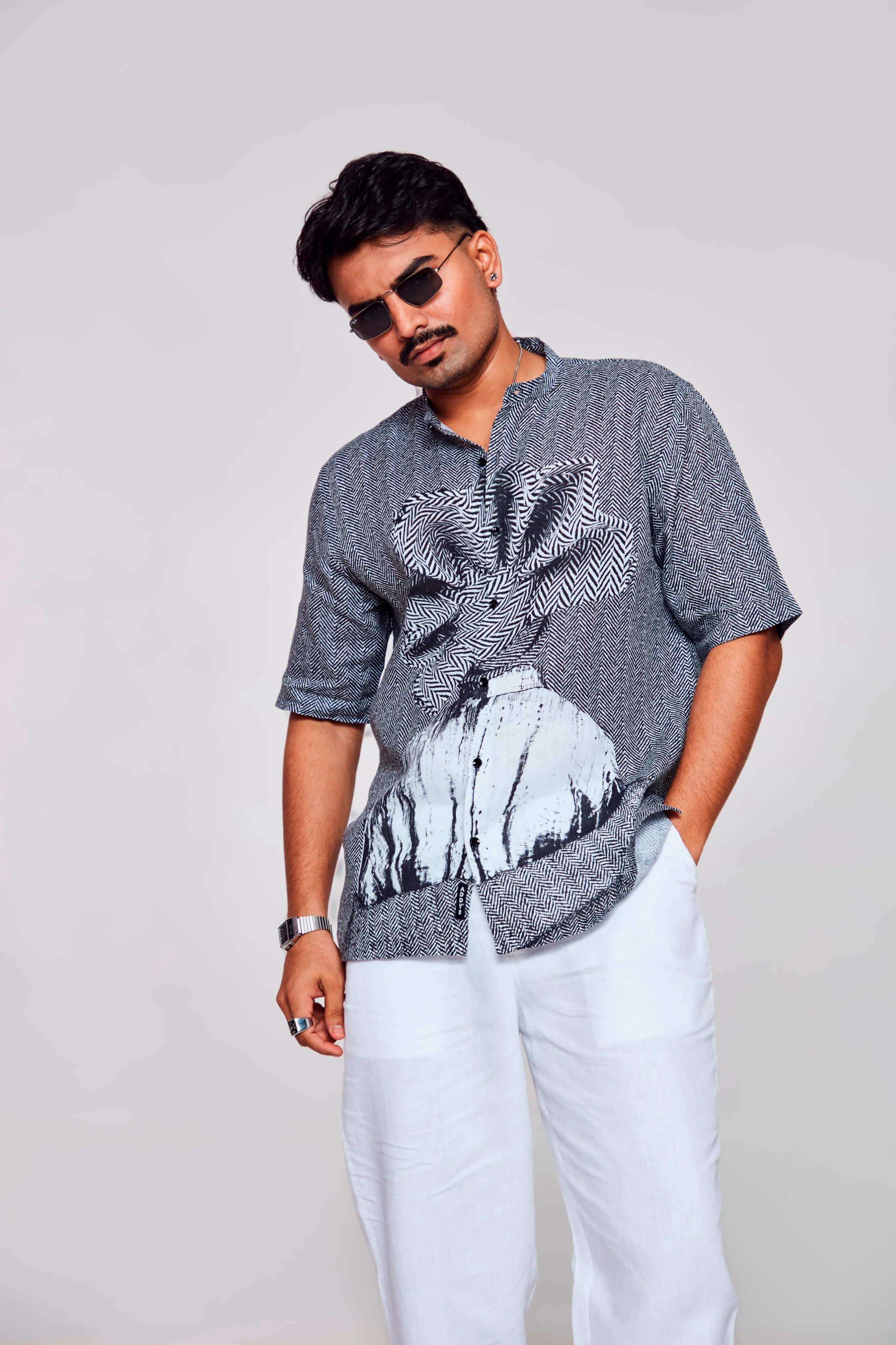 Serenity in Simplicity Printed The Minimalist Grey and White Pure Linen Short Sleeve Shirt