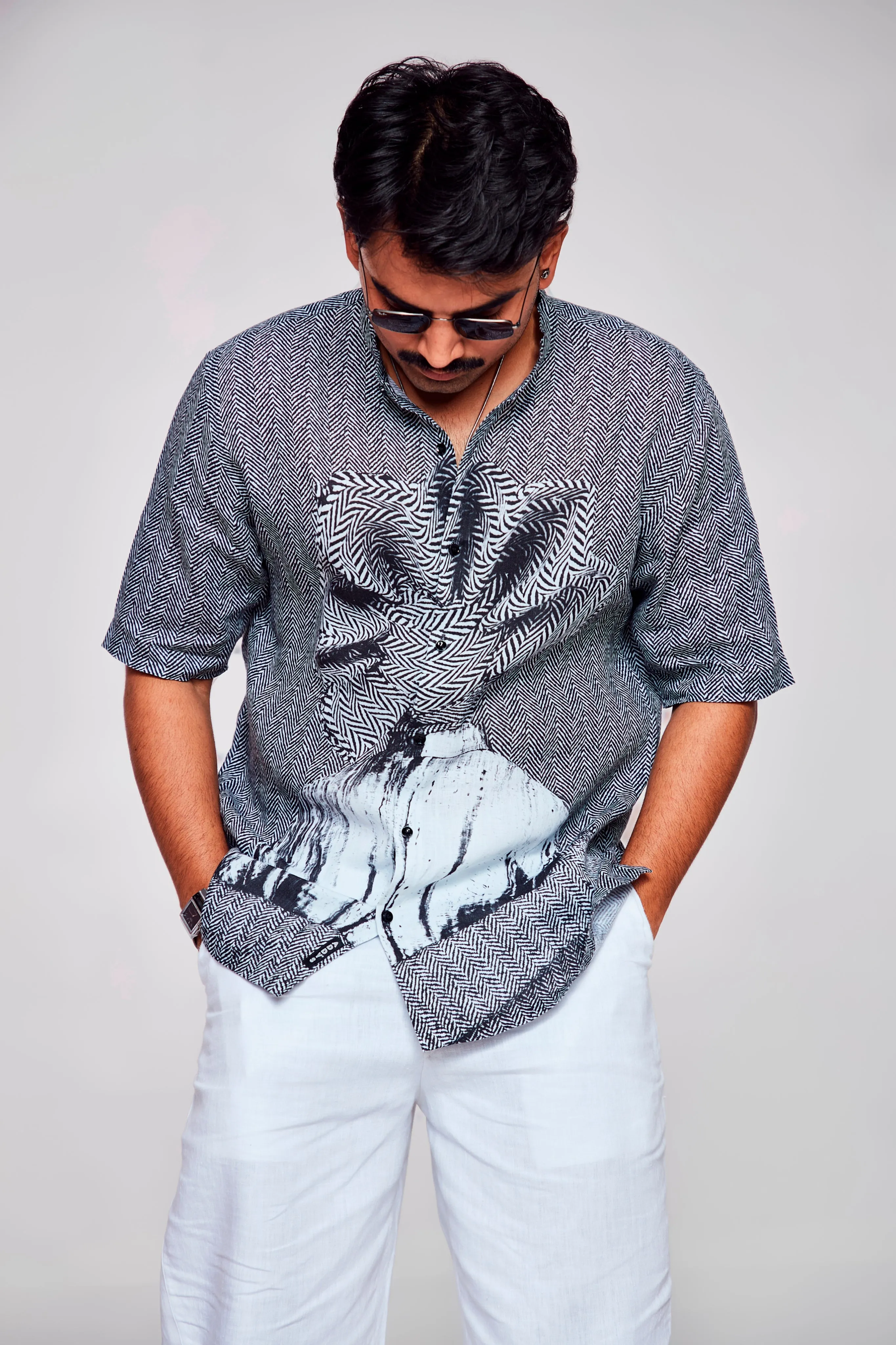 Serenity in Simplicity Printed The Minimalist Grey and White Pure Linen Short Sleeve Shirt