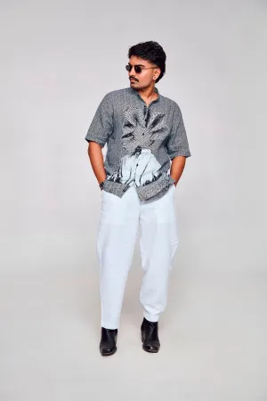 Serenity in Simplicity Printed The Minimalist Grey and White Pure Linen Short Sleeve Shirt
