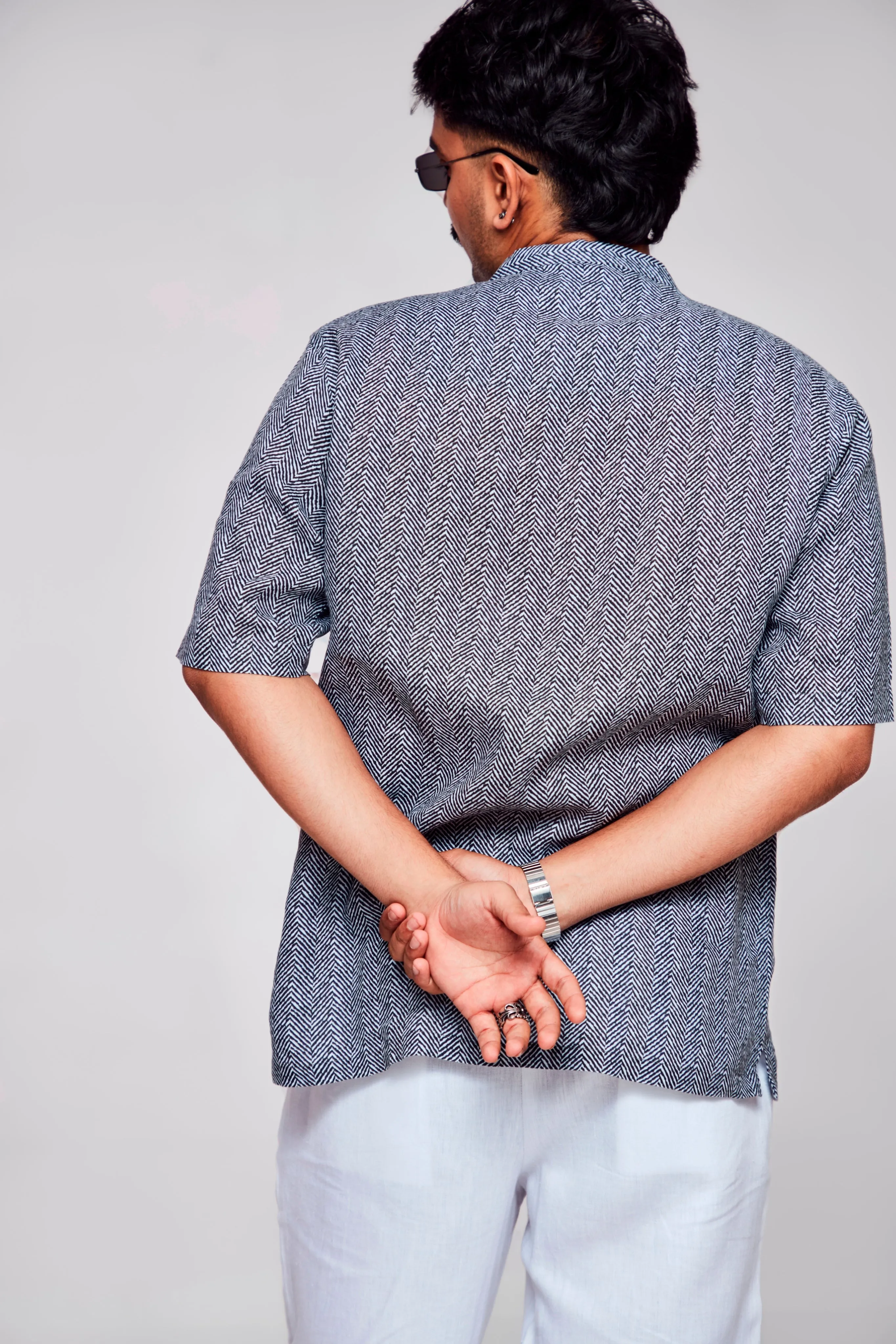 Serenity in Simplicity Printed The Minimalist Grey and White Pure Linen Short Sleeve Shirt