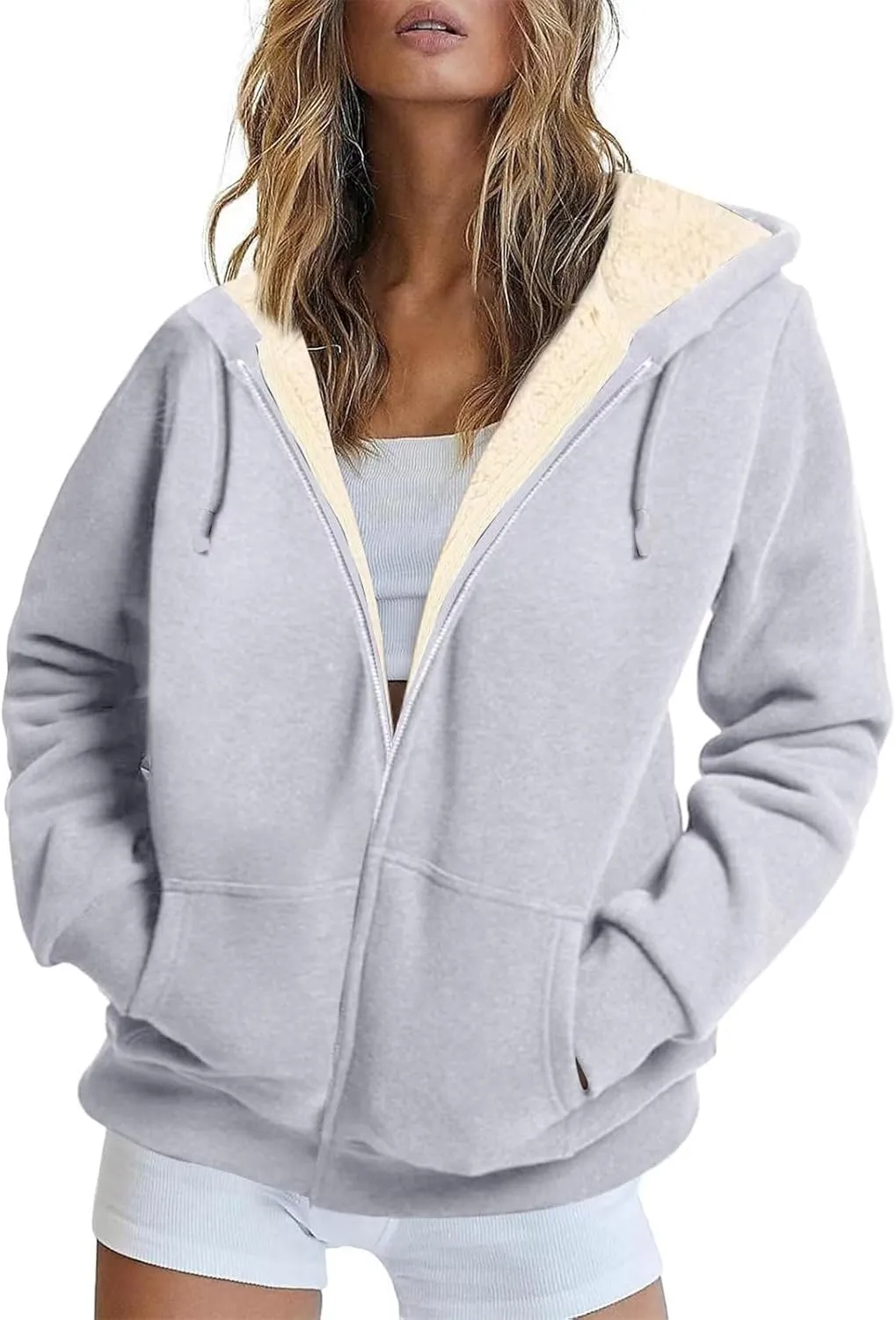 Sherpa Lined Jacket Women Winter Fleece Zip Up Hoodie Warm Hooded Sweatshirt Oversized Wool Coats with Pockets