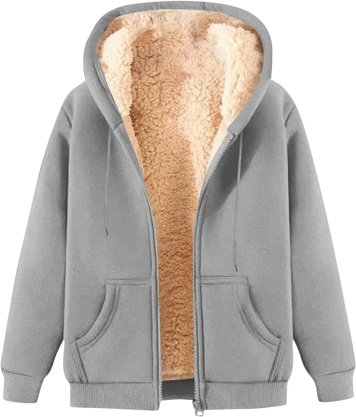 Sherpa Lined Jacket Women Winter Fleece Zip Up Hoodie Warm Hooded Sweatshirt Oversized Wool Coats with Pockets