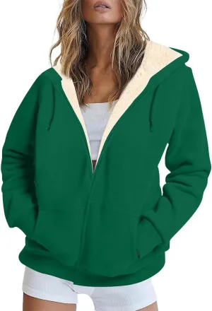 Sherpa Lined Jacket Women Winter Fleece Zip Up Hoodie Warm Hooded Sweatshirt Oversized Wool Coats with Pockets