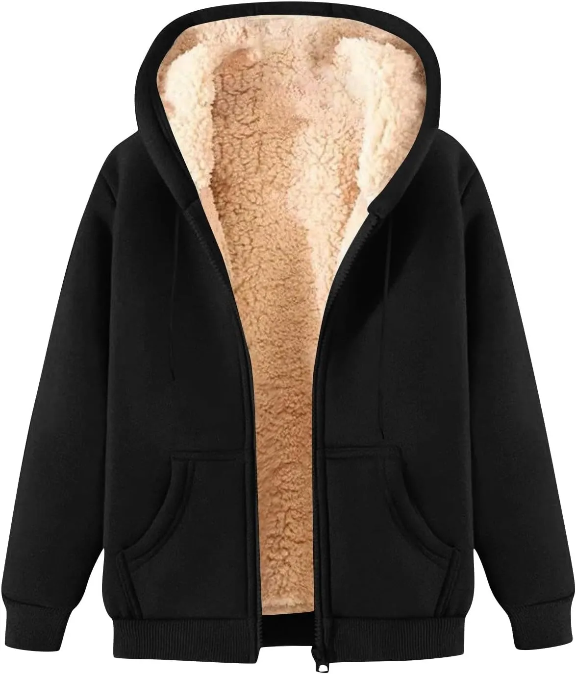 Sherpa Lined Jacket Women Winter Fleece Zip Up Hoodie Warm Hooded Sweatshirt Oversized Wool Coats with Pockets
