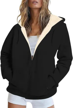 Sherpa Lined Jacket Women Winter Fleece Zip Up Hoodie Warm Hooded Sweatshirt Oversized Wool Coats with Pockets