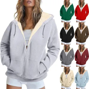 Sherpa Lined Jacket Women Winter Fleece Zip Up Hoodie Warm Hooded Sweatshirt Oversized Wool Coats with Pockets