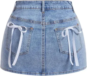 SOLY HUX Women's Y2k Denim Skirt High Waisted Bow Knot Bodycon Summer Mini Jean Skirts