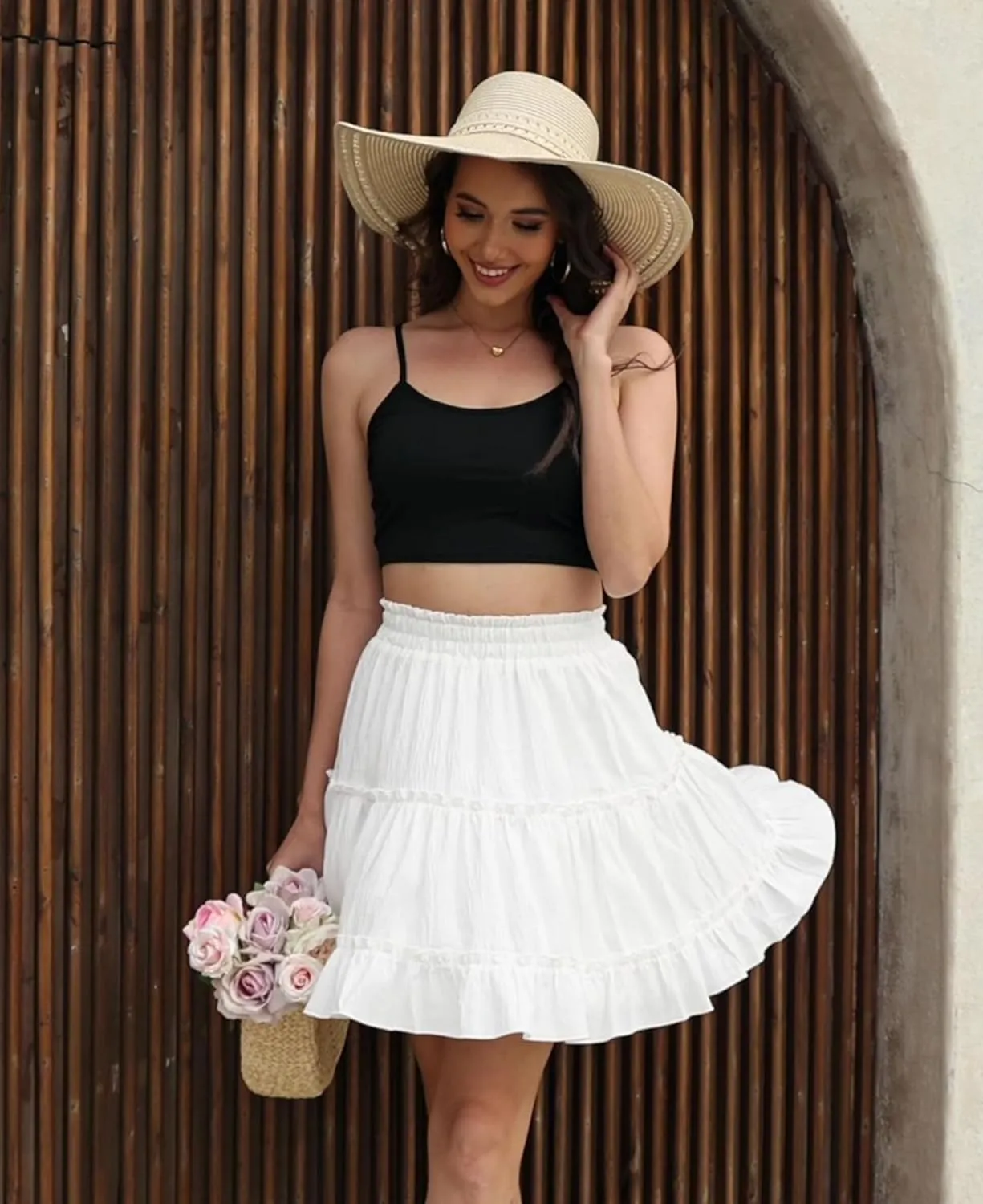 Summer Skirts for Women 2025 Vacation Cotton Ruffle Elastic Waist A-Line Casual Short Skirt