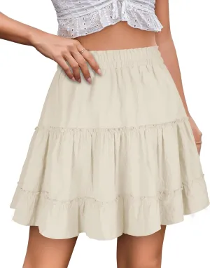 Summer Skirts for Women 2025 Vacation Cotton Ruffle Elastic Waist A-Line Casual Short Skirt
