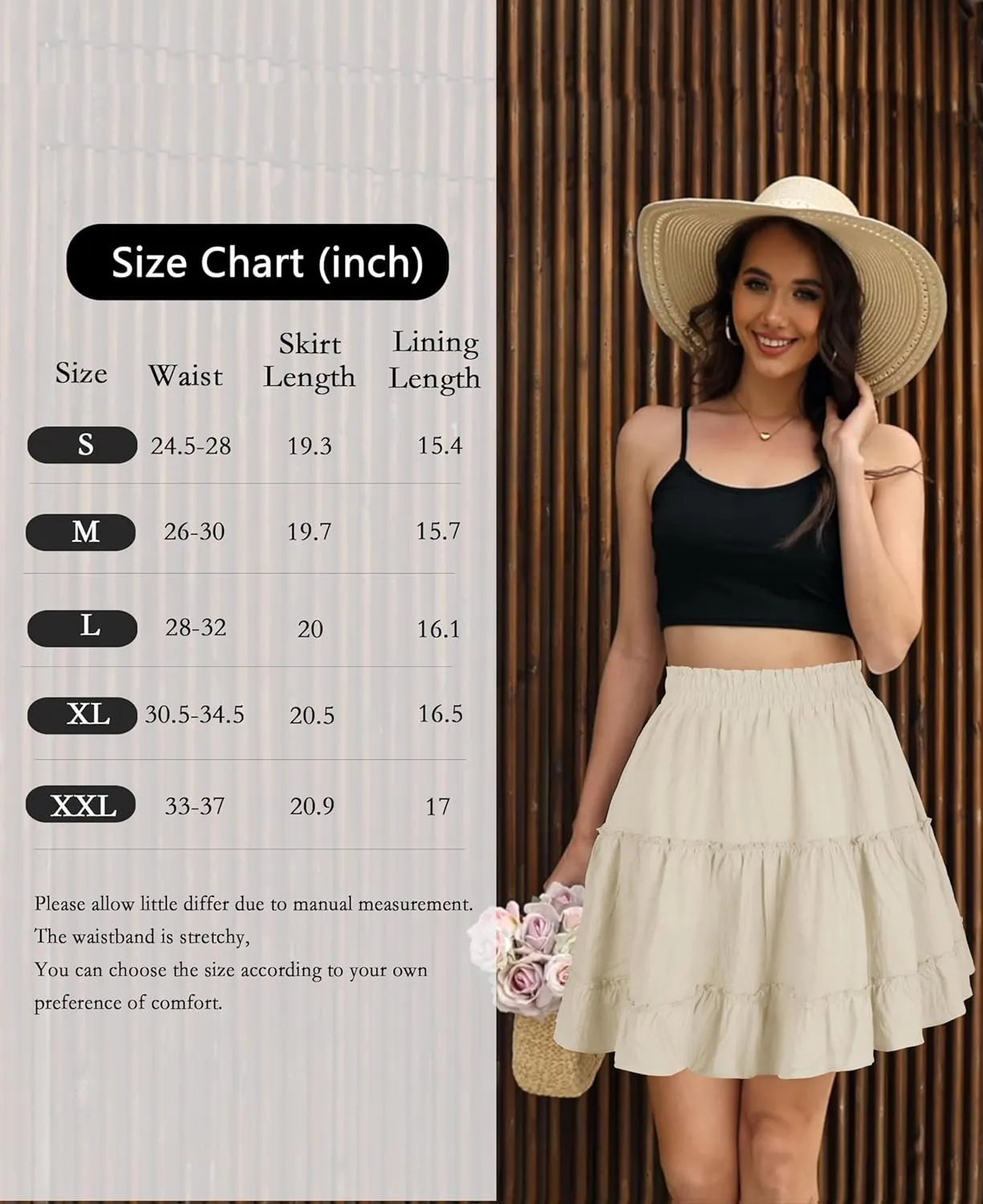 Summer Skirts for Women 2025 Vacation Cotton Ruffle Elastic Waist A-Line Casual Short Skirt