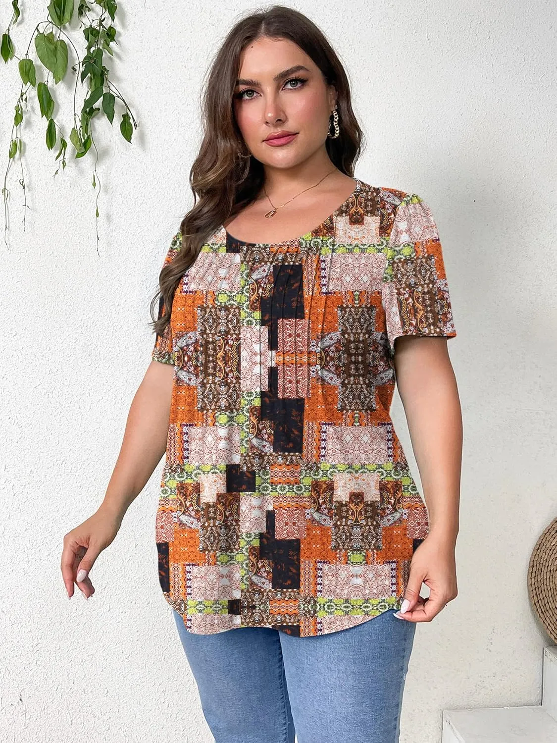 TAKEYAL Women's Plus Size Tunic Tops Front Pleated Floral Print Crew Neck Short Sleeve Casual Summer Tee Tshirt