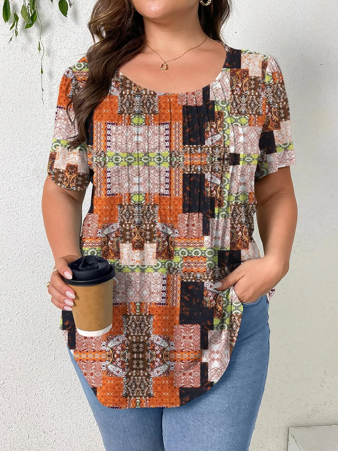TAKEYAL Women's Plus Size Tunic Tops Front Pleated Floral Print Crew Neck Short Sleeve Casual Summer Tee Tshirt