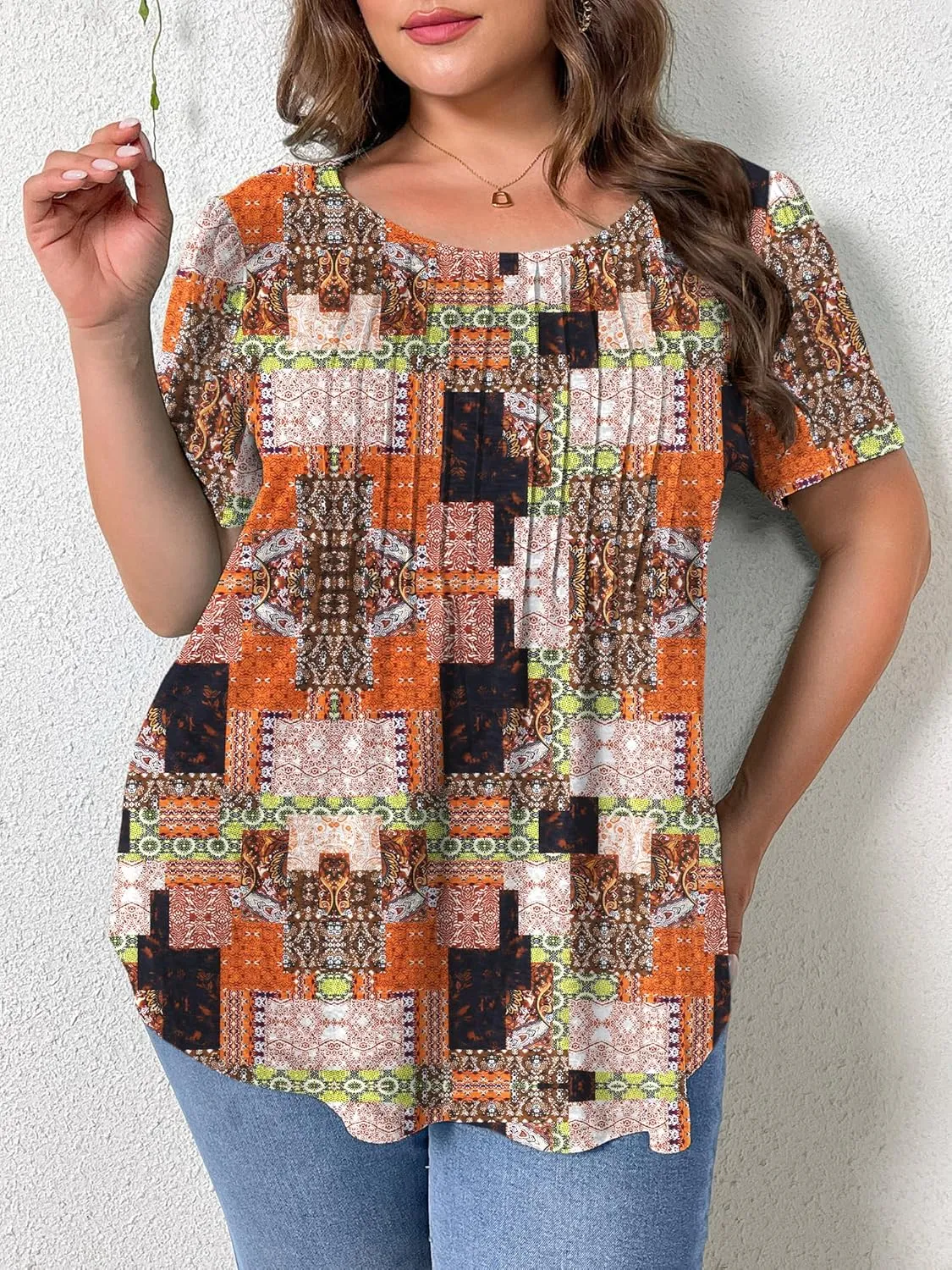 TAKEYAL Women's Plus Size Tunic Tops Front Pleated Floral Print Crew Neck Short Sleeve Casual Summer Tee Tshirt