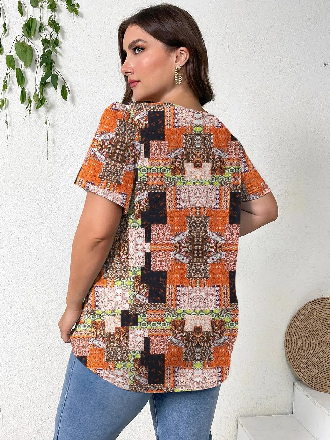 TAKEYAL Women's Plus Size Tunic Tops Front Pleated Floral Print Crew Neck Short Sleeve Casual Summer Tee Tshirt