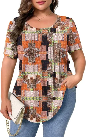 TAKEYAL Women's Plus Size Tunic Tops Front Pleated Floral Print Crew Neck Short Sleeve Casual Summer Tee Tshirt