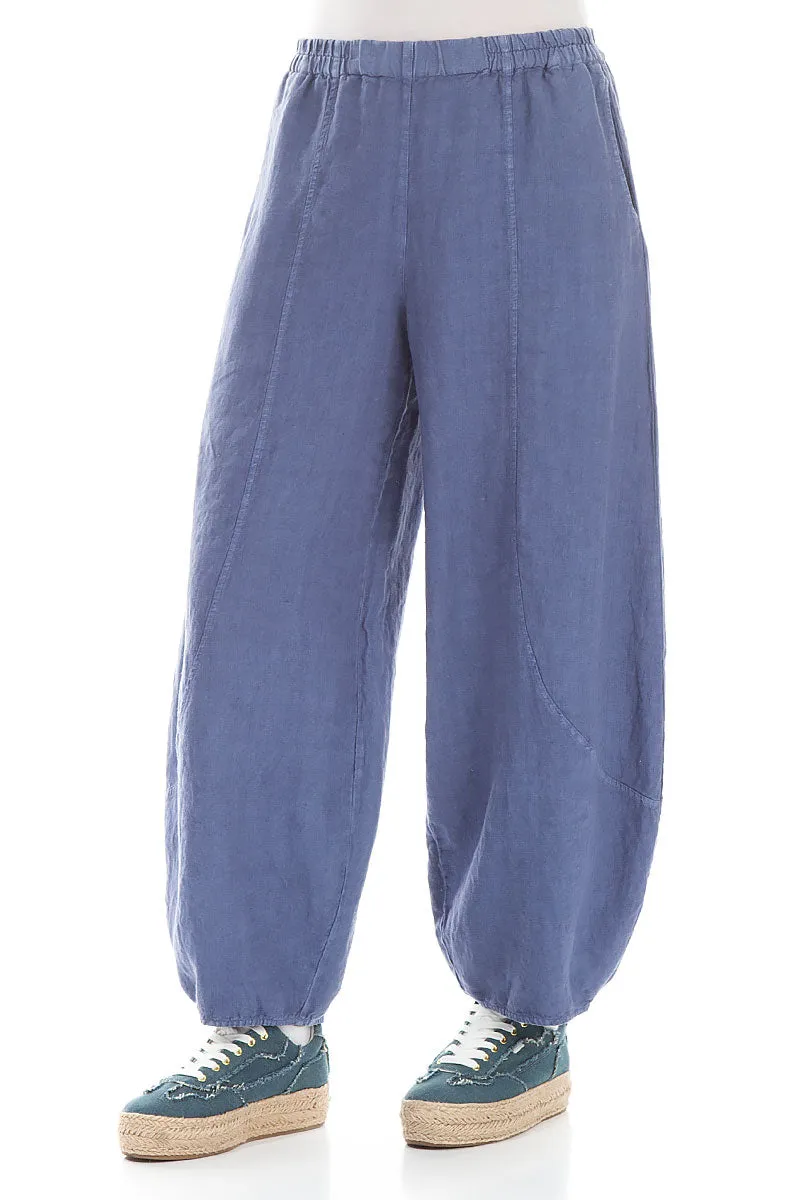 Taper Cropped Wide Blue Off-Dye Linen Trousers