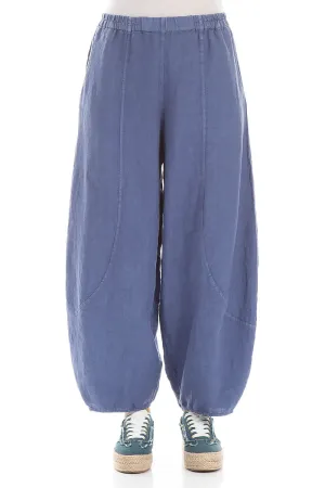 Taper Cropped Wide Blue Off-Dye Linen Trousers