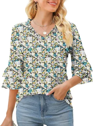 TFSDOD Womens V Neck 3/4 Bell Sleeve Tops Frill Neck Tiered Ruffle Sleeve Shirts Casual Spring Summer Loose Tunic Blouses