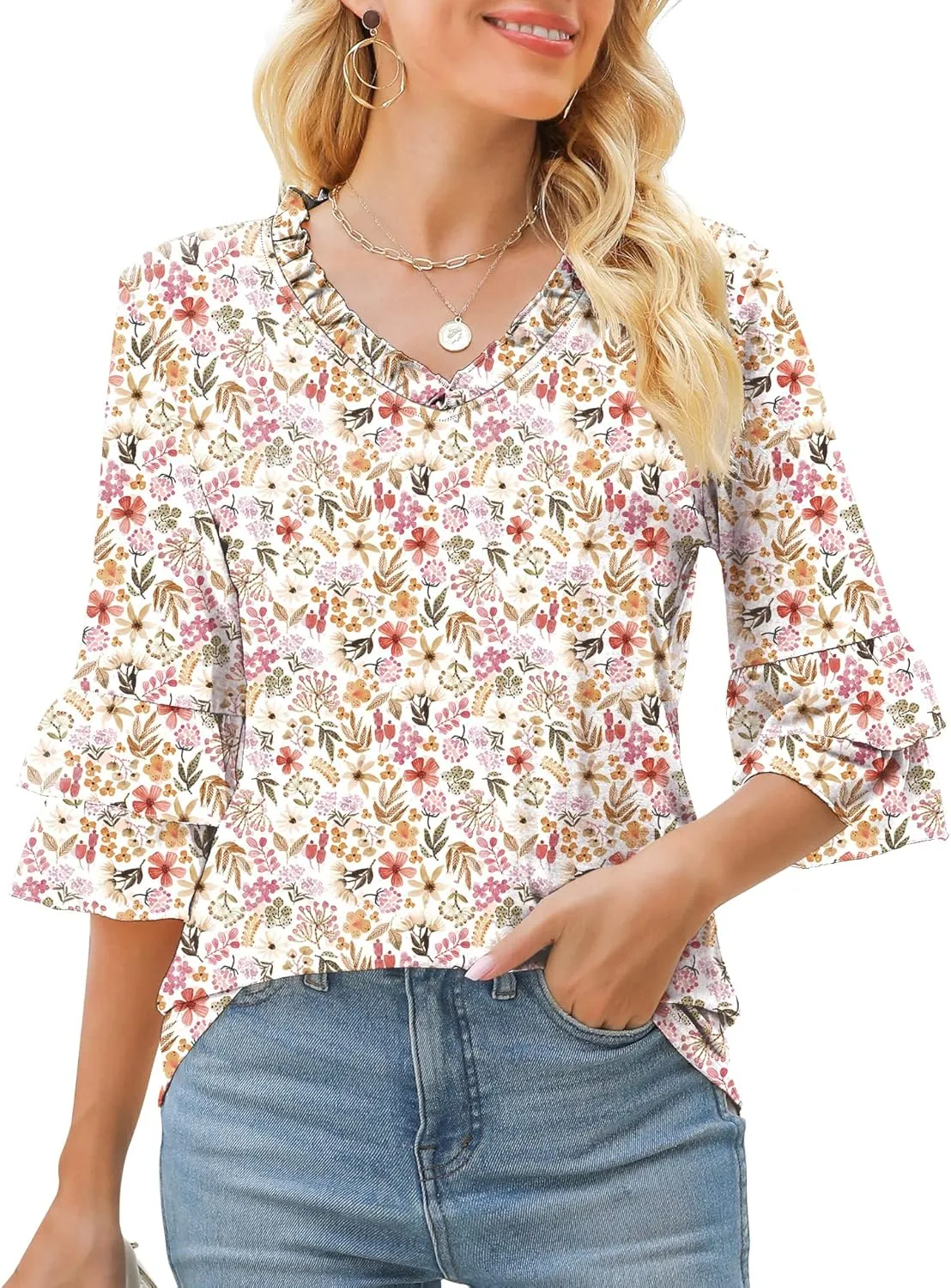 TFSDOD Womens V Neck 3/4 Bell Sleeve Tops Frill Neck Tiered Ruffle Sleeve Shirts Casual Spring Summer Loose Tunic Blouses
